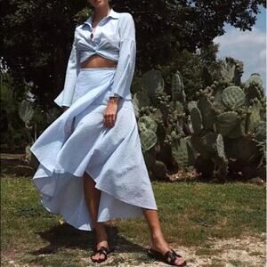 NWT GANNI Charron Asymmetric Wrap Midi Skirt Light Blue Gingham Size 4